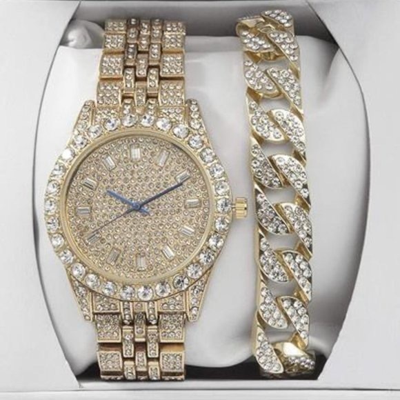 Cuban Gold Iced Bling Mens Watch with matching Hip Hop Bracelet
